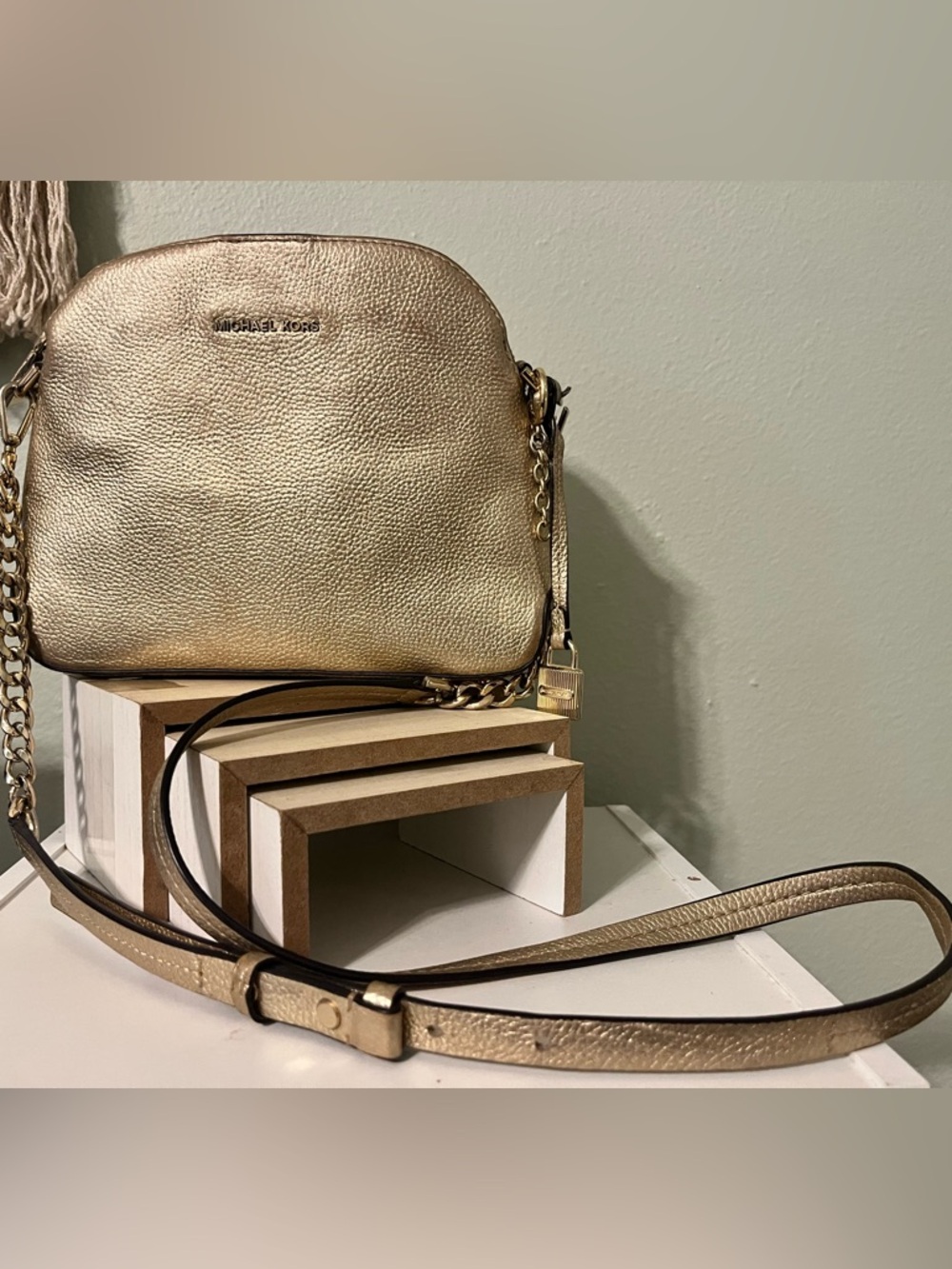 Michael Kors Gold Metallic Pebbled Leather Crossbody